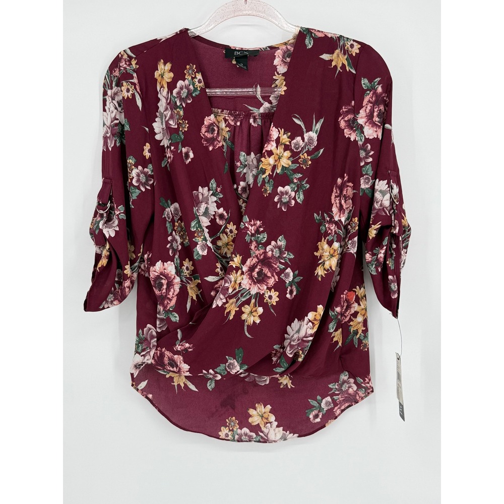 BCX Floral Print Wrap Blouse Womens‎ Medium Burgundy Roll Tab 3/4 Sleeve Top